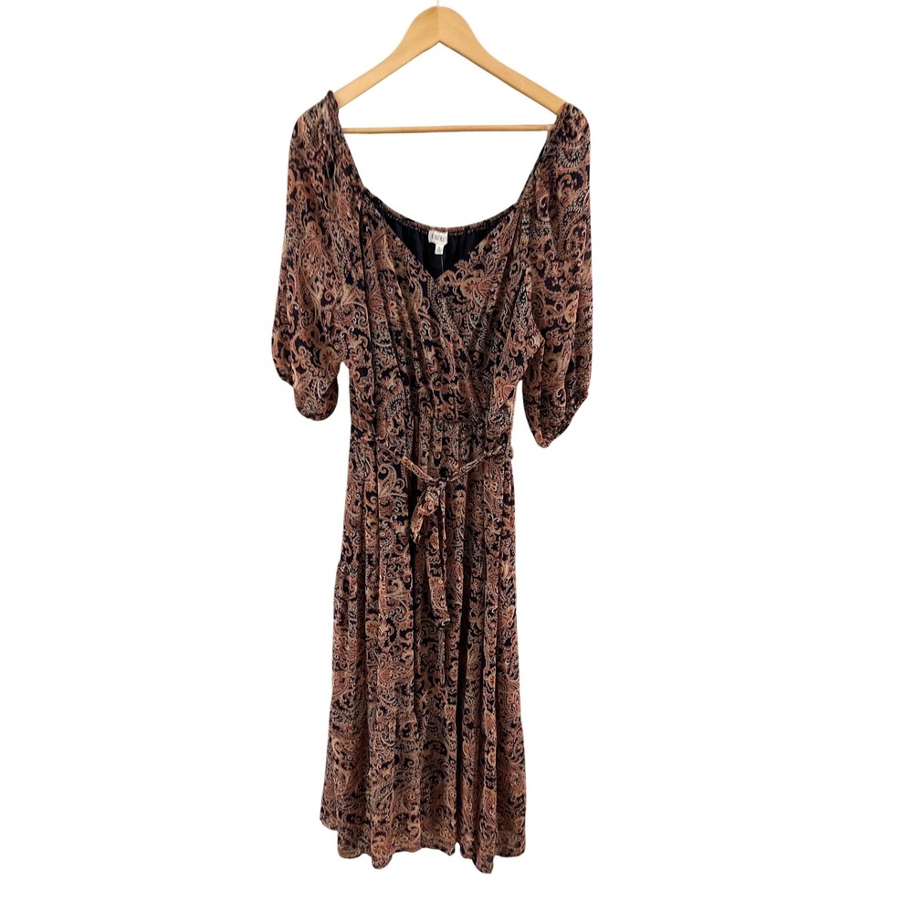 Luxology Maxi Dress Women XL Navy Rust Paisley Boho Tiered Wrap Neck NEW